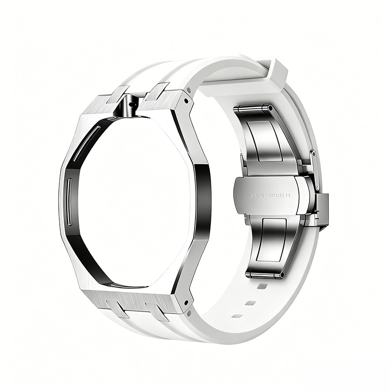 Boîtier argenté Bracelet en silicone blanc