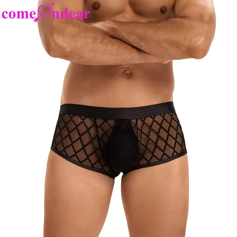 Toptan fiyat erkek seksi şeffaf siyah kısa Boxer düşük bel ekose desen şeffaf seksi iç çamaşırı