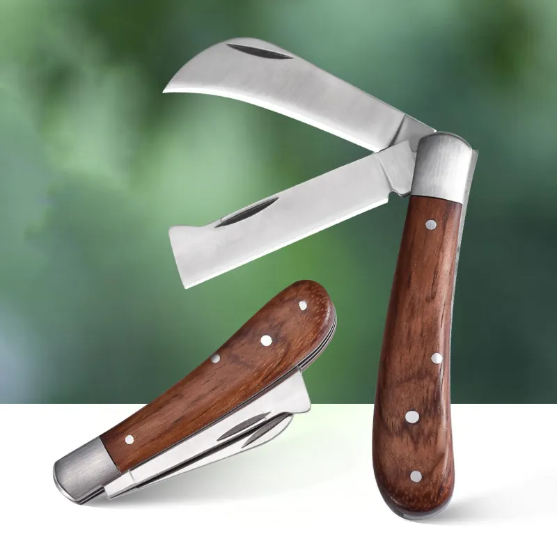 Cuchillo de injerto de doble hoja HDZ01, hoja curva con mango de madera maciza, cuchillo de poda plegable para jardín