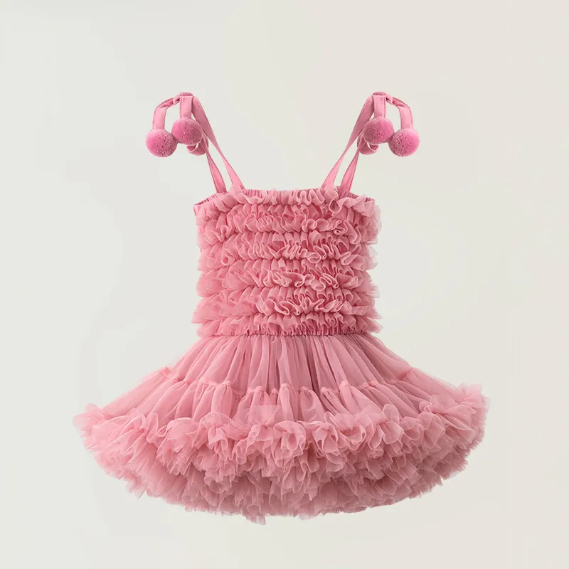Gaun pesta bayi renda gaun perempuan merah muda ruffle grosir pakaian anak-anak pakaian anak-anak 2 sampai 7 tahun