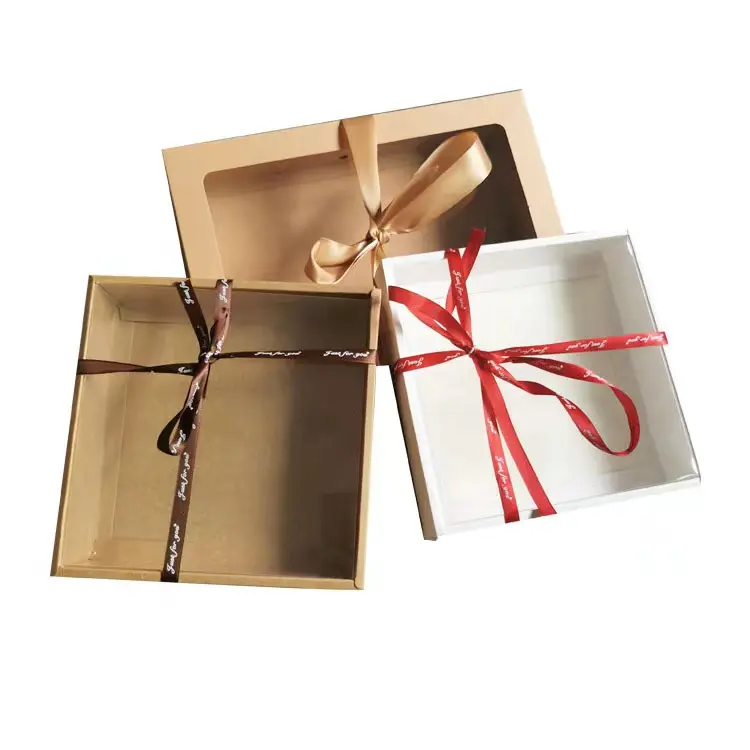 VENTA CALIENTE CAJA DE PAPEL BARATA CON TAPA TRANSPARENTE CAJA DE REGALO DE PAPEL CUADRADA Y RECTANGULAR CON CINTAS