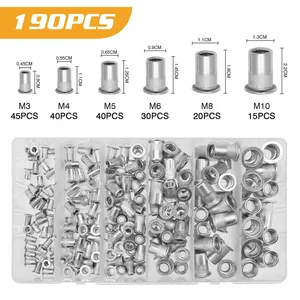 190pcs M3 M4 M5 M6 M8M10アルミニウムフラットヘッドリベットナットセットナットスレッドインサートリベットナットキャップ - Product Image 2