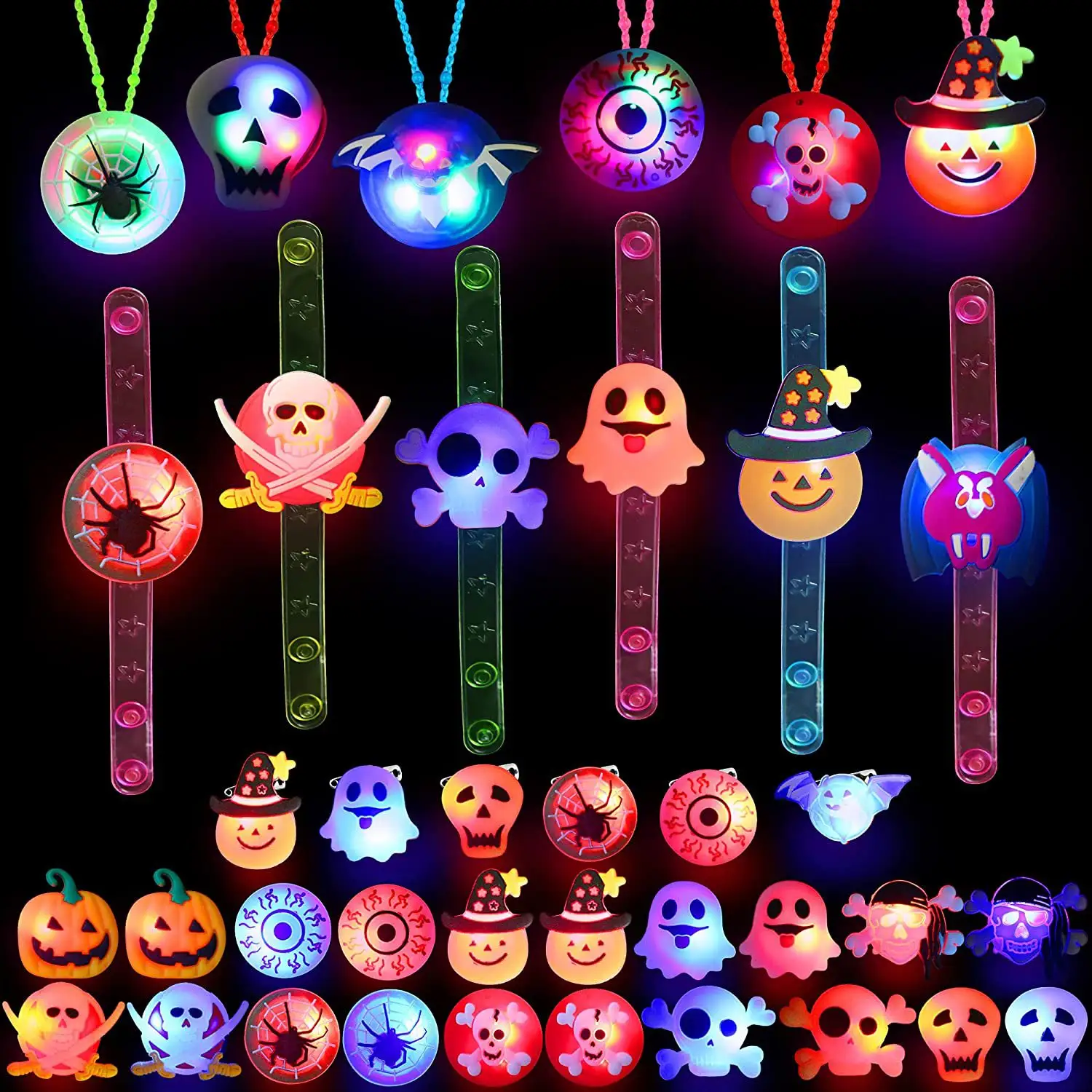 Ventas directas de fábrica Regalos de juguetes para niños LED Calabaza Gho-st Cabeza Pulseras Collares Anillos de Halloween Luces de dedo luminosas