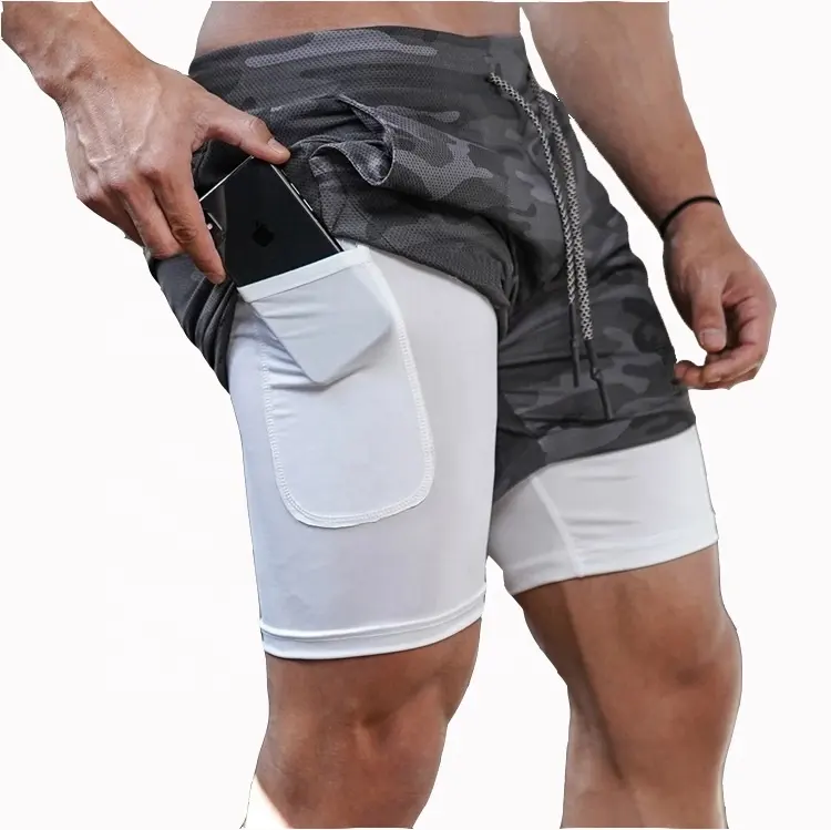 Atacado Personalizado Mens Compressão Calções de Treino Com Forro 2 em 1 Esportivo Malha Homens Fitness Gym Shorts Com Bolso