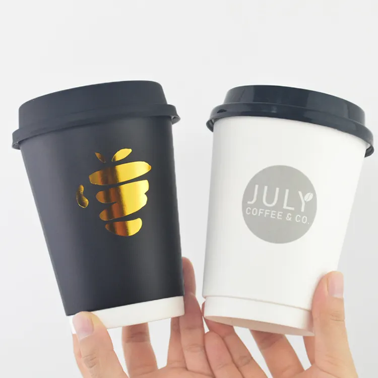 Contenedor de Café de doble pared desechable con logotipo impreso personalizado, taza de papel de café caliente con tapas PS