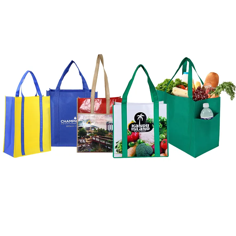 Bolsa de compras con logotipo personalizado, ecológica, verde, reutilizable, promocional, grande, fuerte, barata, no tejida, para supermercado