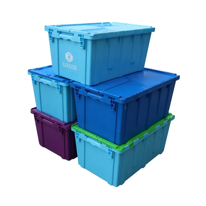 JOIN Warehouse Plastic Moving Crate Nestable Storage Attached Lid Containers Round Trip Tote Logistic Box for transport