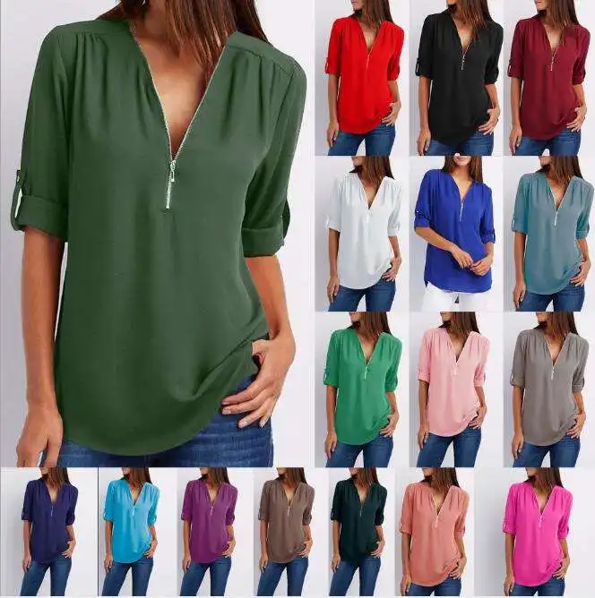 플러스 사이즈 여성 상의 색상 V-넥 긴 소매 쉬폰 우아한 디자인 여성 셔츠 블라우스 여성용 셔츠