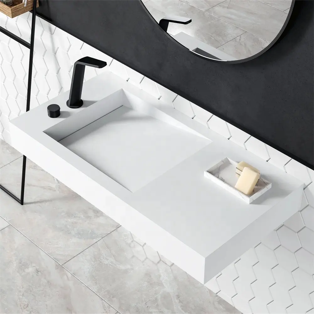 Design moderno in pietra artificiale lavandino per bagno con superficie solida lavabo appeso a parete singolo lavabo