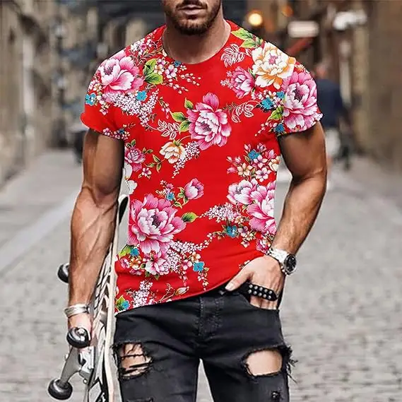 Chinois traditionnel nord-est fleur hommes T-shirt Vintage fleur T-shirt à manches courtes gilet de rue