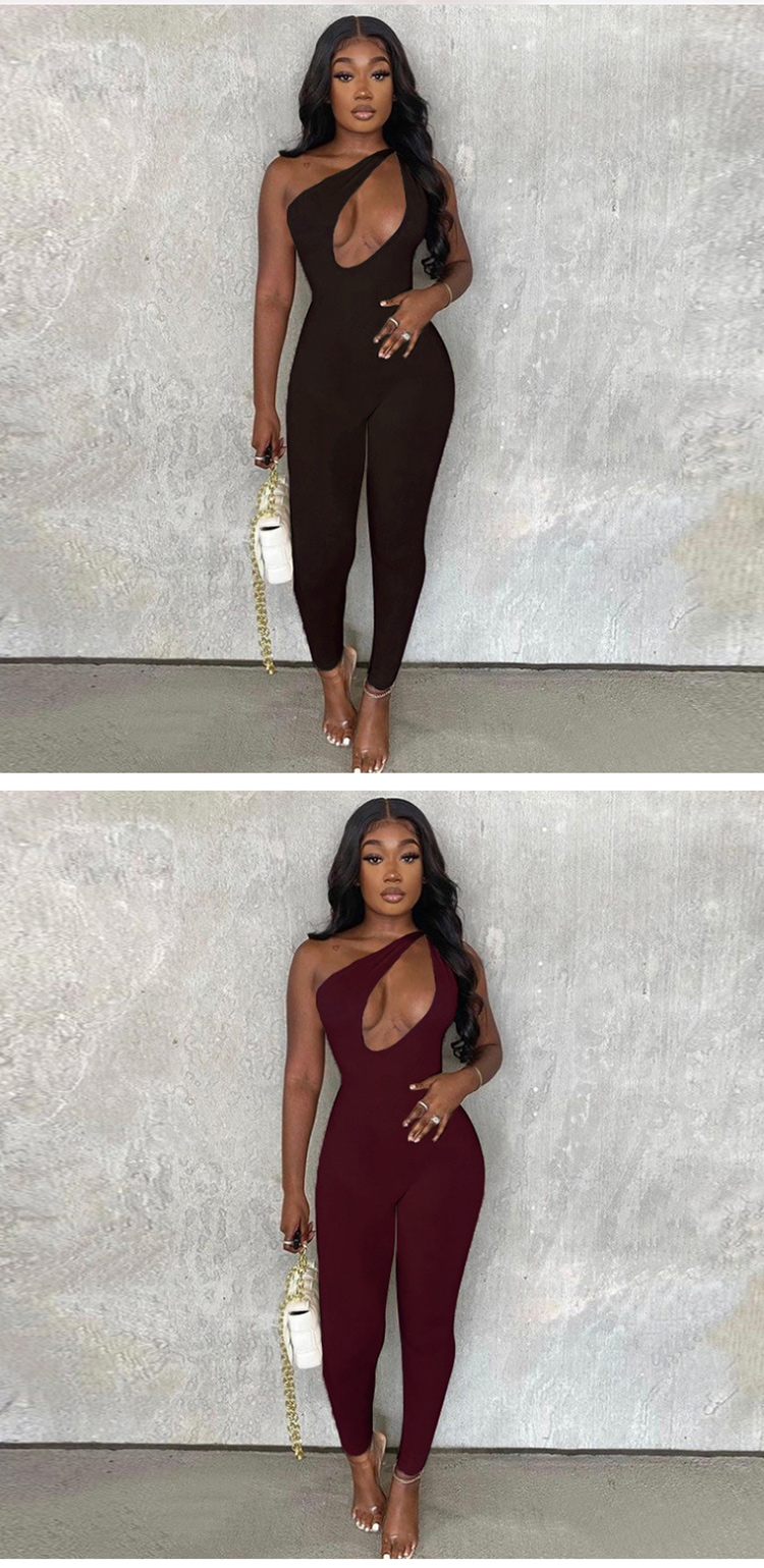 2021 Manufacturer hot selling item sexy one shoulder hollow out solid bodycon jumpsuit