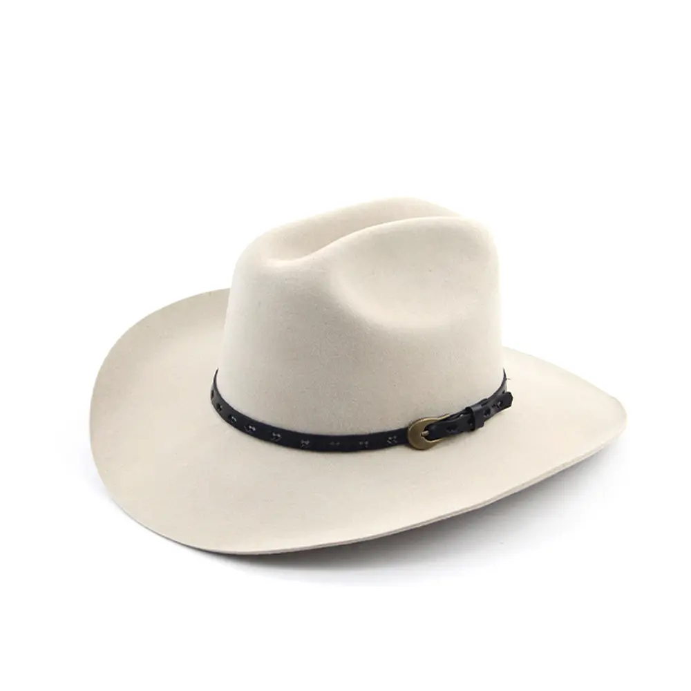 LiHua-Sombrero de lana de 100% Unisex, sombrero de vaquero de ala grande, personalizado, de cuero, clásico, liso, Occidental, para invierno, venta al por mayor