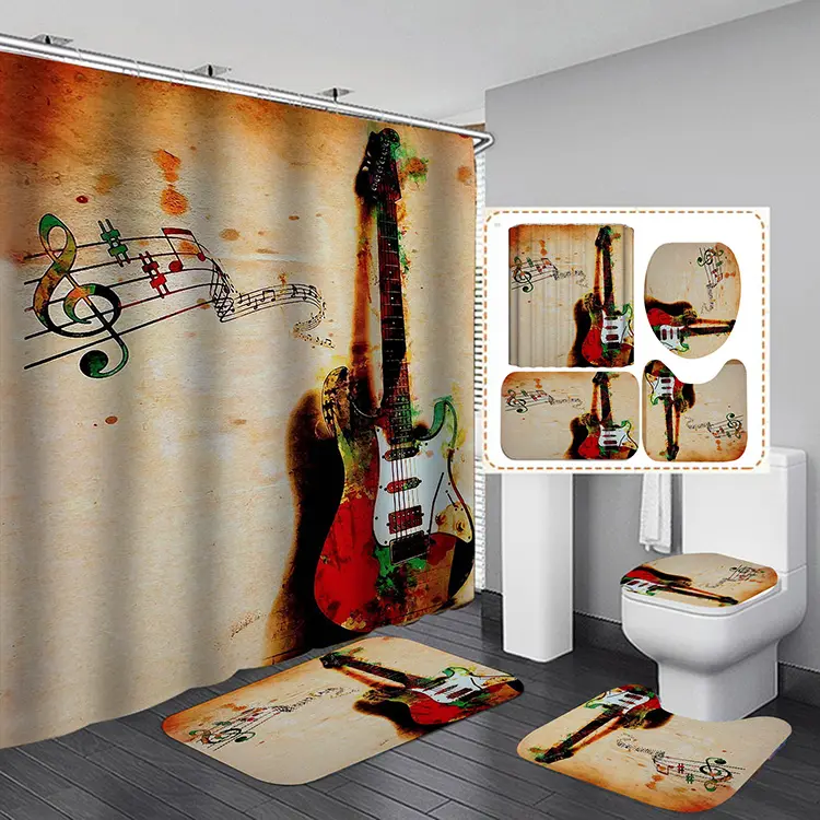 Nota musicale tenda da doccia portatile Set da bagno lavabile in lavatrice tenda da bagno per chitarra con tappeti