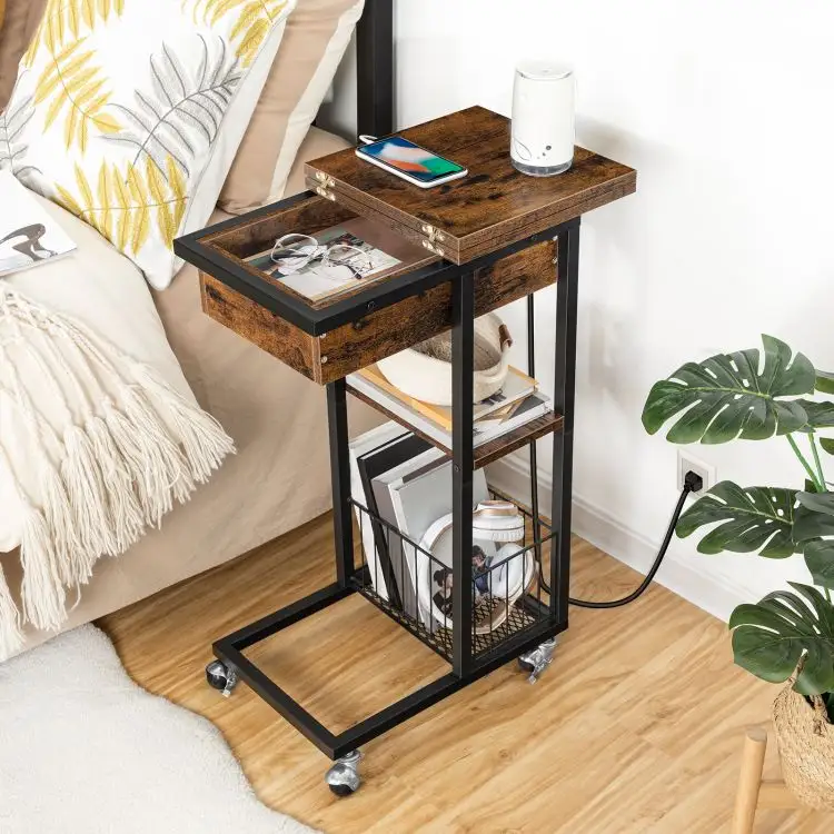 Vente en gros de table d'appoint en forme de C en bois de style industriel table de canapé C avec station de charge table d'appoint avec ports USB prises de courant