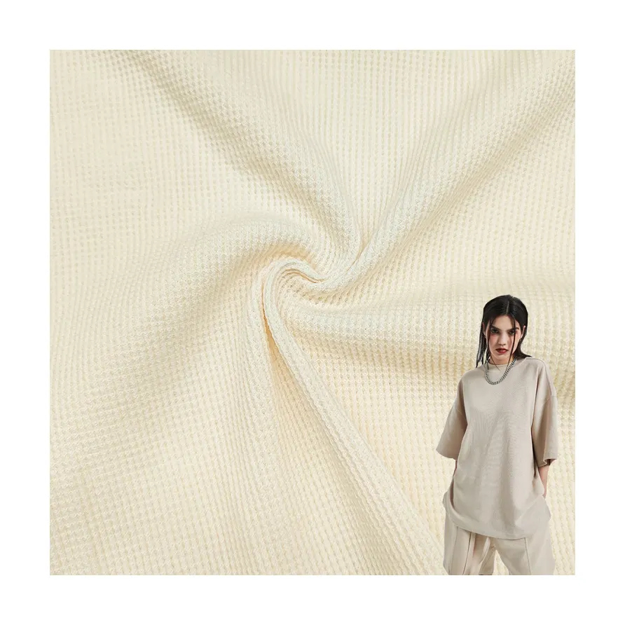 Venta al por mayor de algodón orgánico personalizado tejido de punto gofres panal 100% algodón Jersey Material tela para camiseta