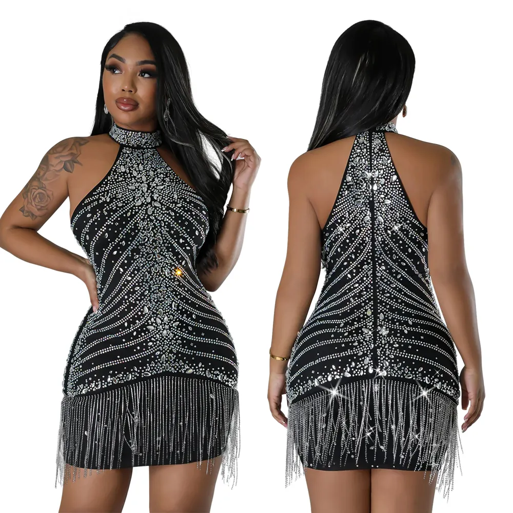 CY900821 Sólida Sem Mangas Fique Pescoço Vestido Curto Diamante Aniversário Clube Mini Vestidos Com Borlas