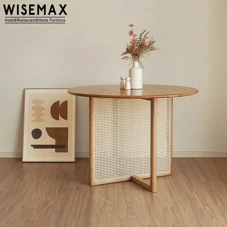 Wisemax Meubels Eetzaal Minimalistisch Design Rotan Massief Houten Ronde Eettafel Stoel Set Eettafel Voor Zes