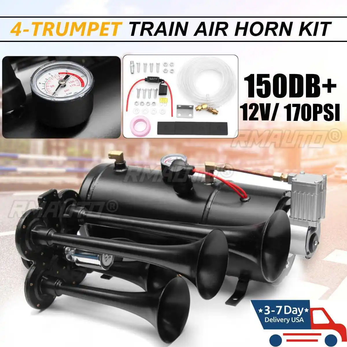 Kit klakson mobil 4 terompet keras dan kuat 12V 150dB 170 PSI kompresor udara sistem lengkap untuk mobil truk Kemah