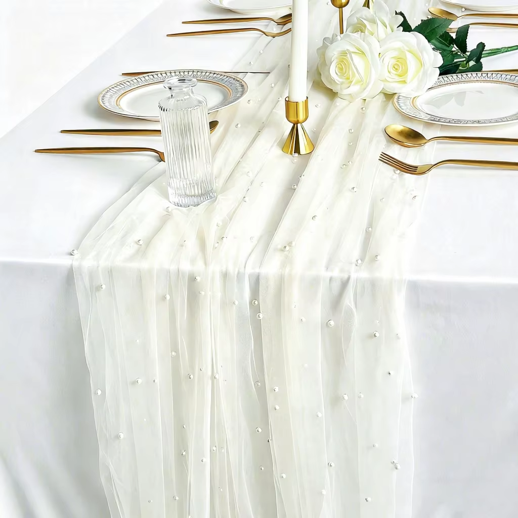 Champagne-colored yarn + white pearls