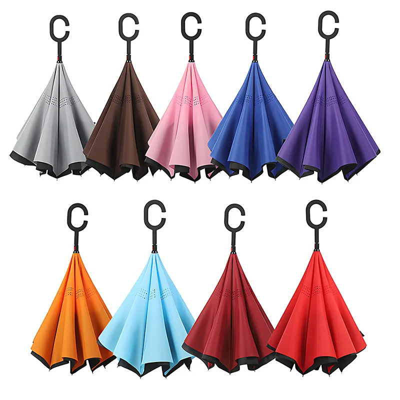 Promosyon hediye plastik Polyester şekilli-c Pongee UV Invert şemsiye rüzgar geçirmez özel Logo baskılar ters şemsiye için açık