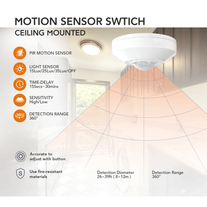 Interruptor de sensor de movimiento de alta sensibilidad con detección de 360 °, sensor PIR montado en el techo, temporizador de ajuste y sensibilidad a la luz
