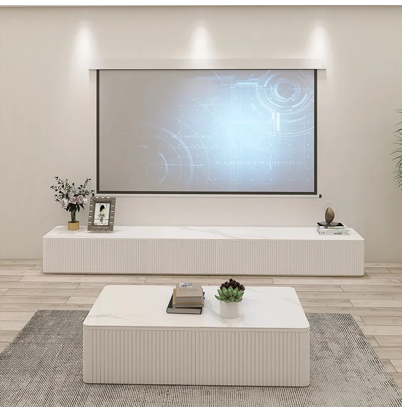 Mobile TV con griglia bianca rivestita in marmo moderno semplice tavolino combinazione porta TV in legno massello per soggiorno