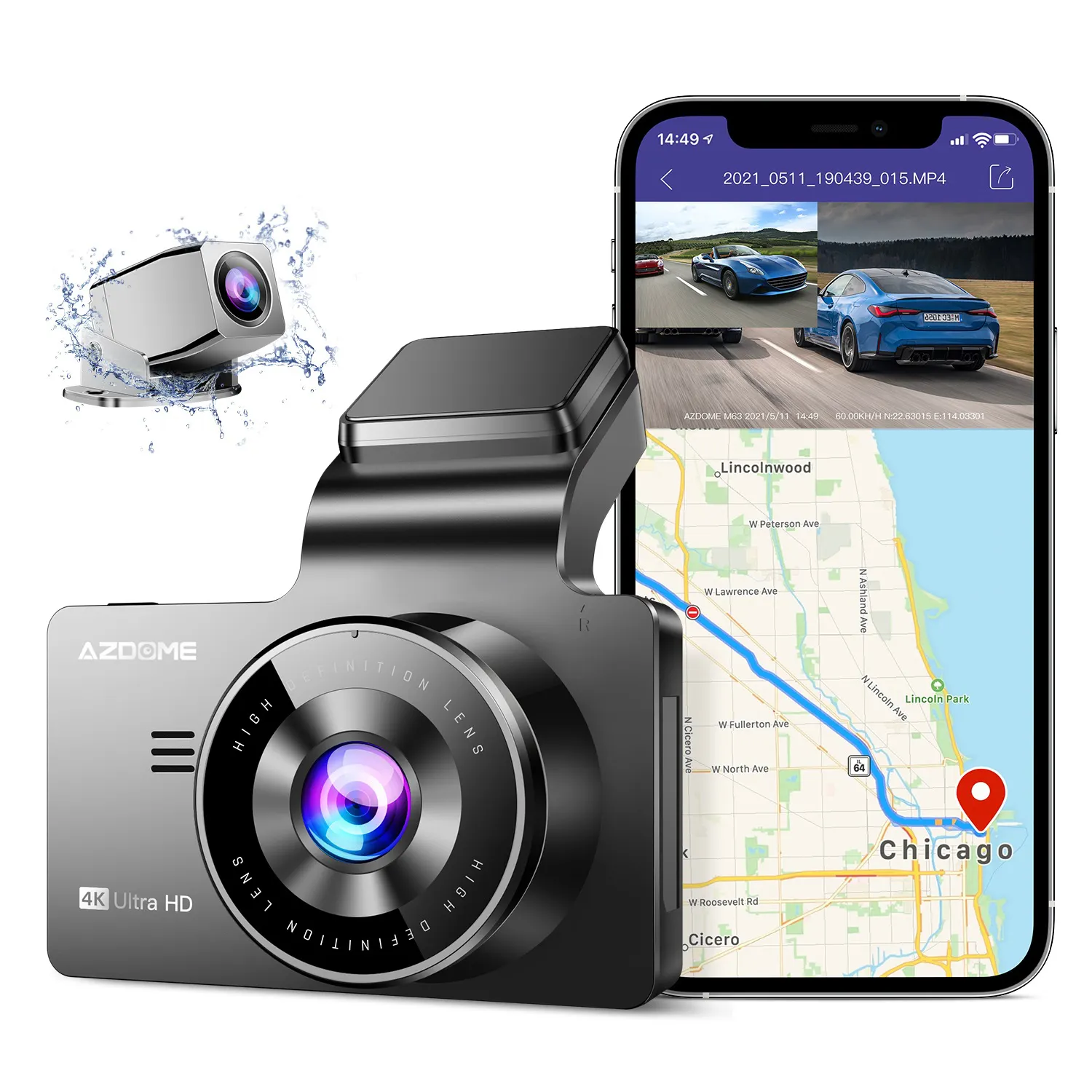 AZDOME M63 LiteカーカメラGPS (オプション) 4Kダッシュカムフロントおよびリアデュアルカメラ2K1080P Wifiダッシュカムドライビングビデオレコーダー