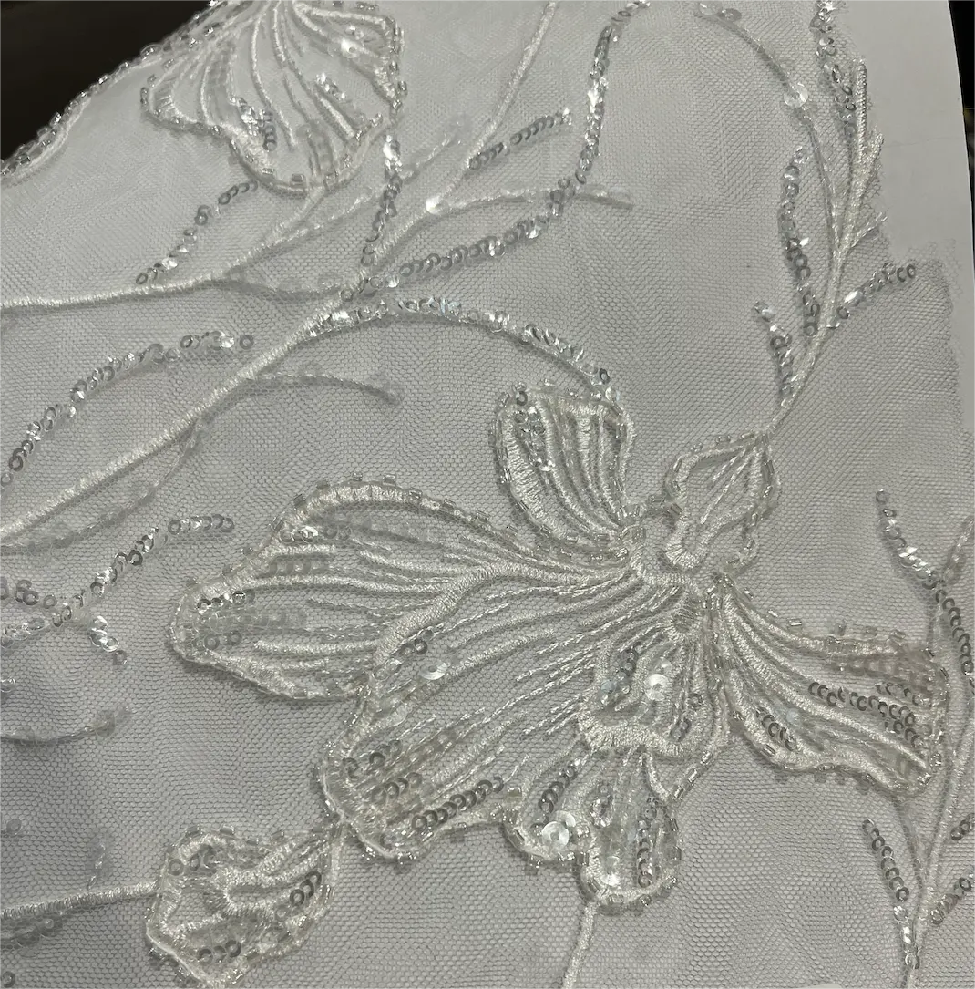 New design floral beaded sequin lace tulle mesh embroidery fabric for bridal wedding dress