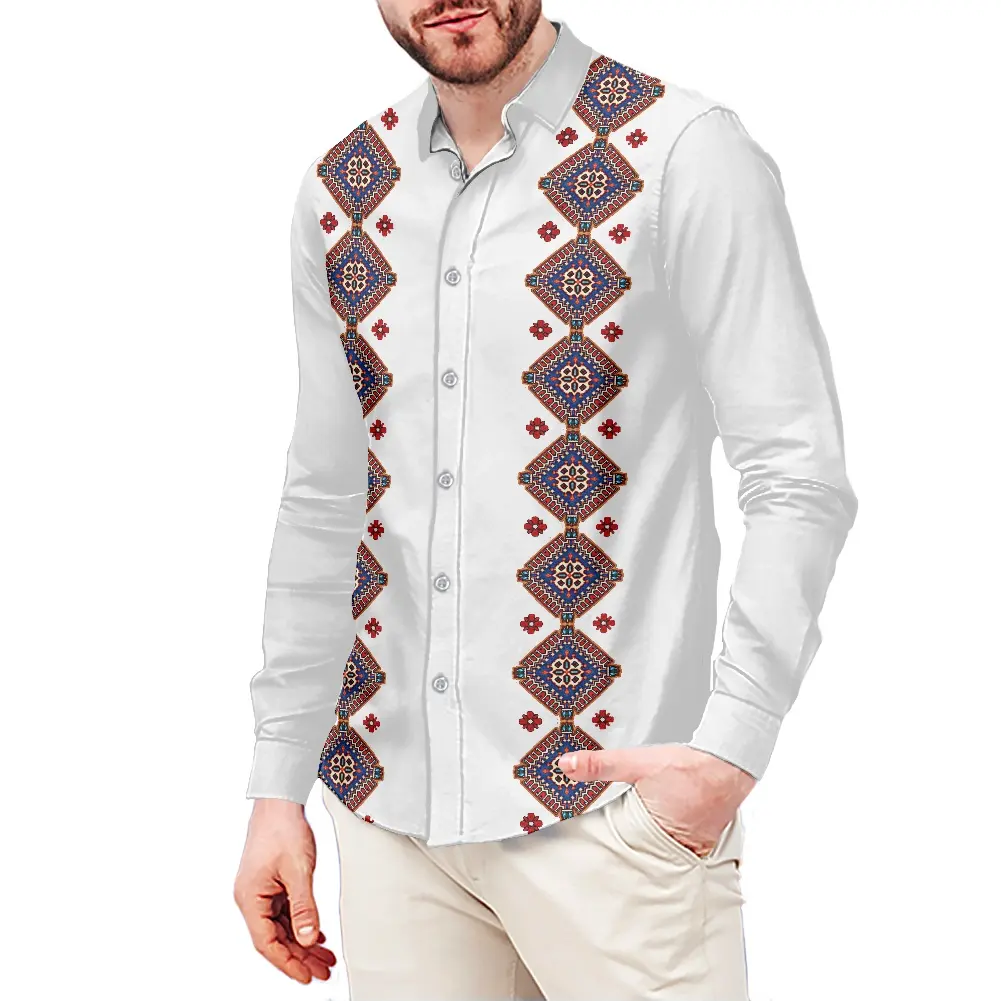 Camisas de manga larga para hombre, camisas hawaianas con estampado geométrico de flores HD, color blanco, para la playa