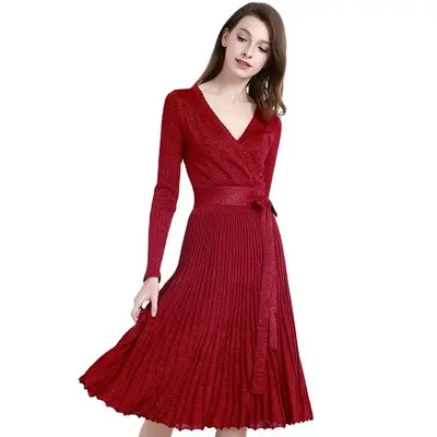 LLDRESS Sexy Elegant V Neck Long Sleeve Knitting Ladies Women Bright Silk Pleated Dress Skirt