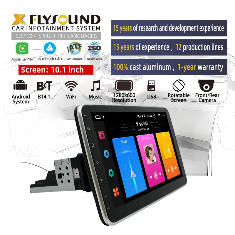 Flysonic Venta caliente OEM 10,1 pulgadas pantalla ajustable 1 Din coche Video coche Radio Estéreo WIFI GPS FM BT Android reproductor de DVD del coche