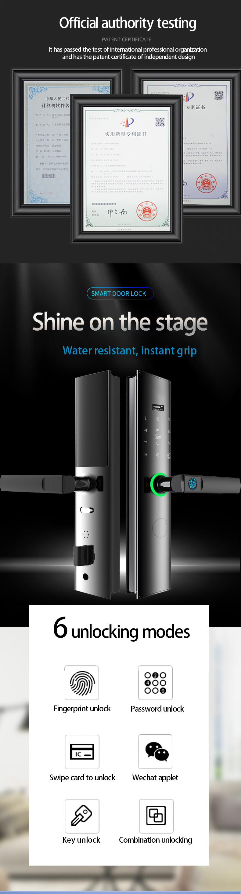 Multi-unlocking methods of intelligent door lock for household entry fingerprint lock applet temporary key unlocking safety