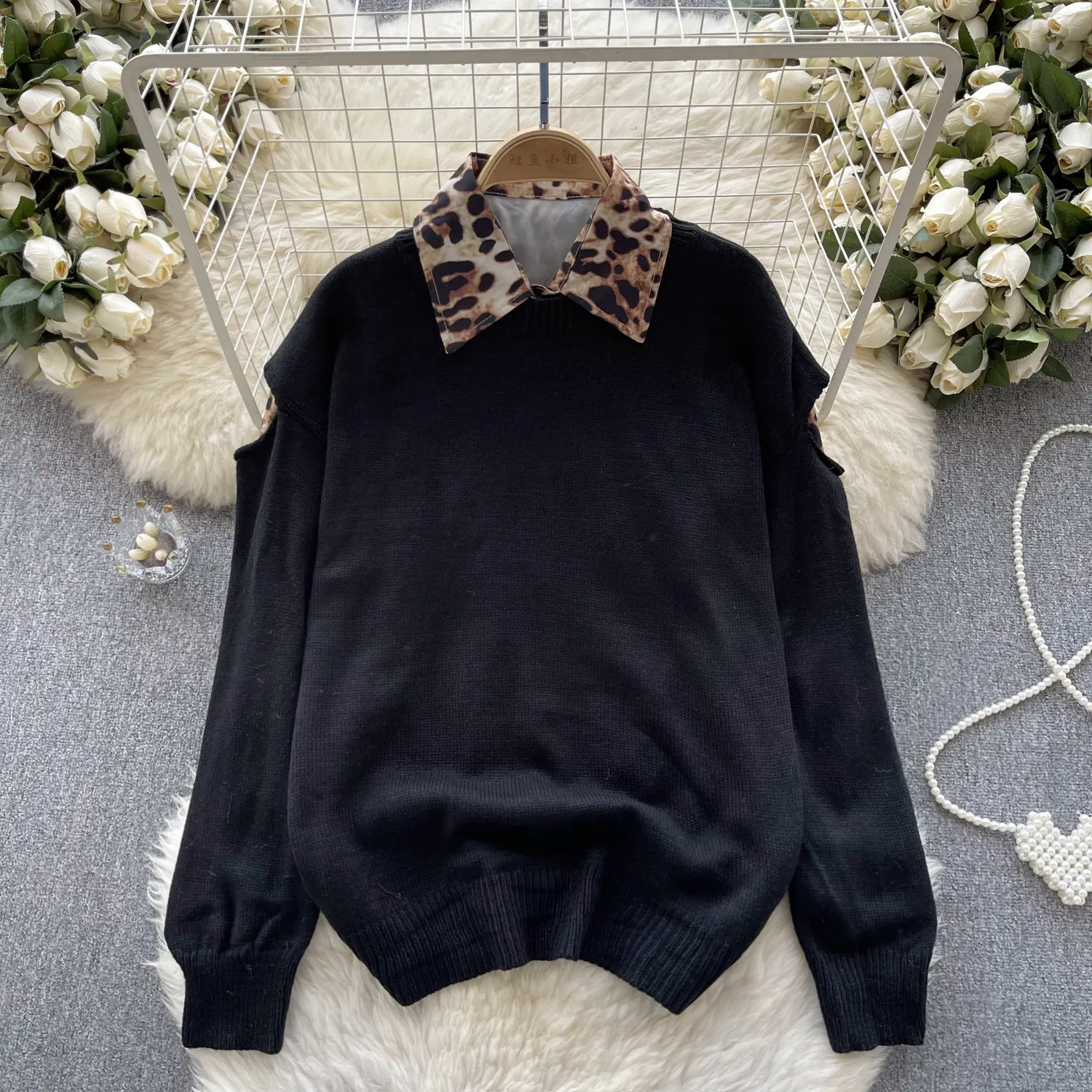 Personnalisé 2024 nouveau printemps ensemble femmes Vintage motif léopard chemise à manches longues tricoté deux pièces ensemble