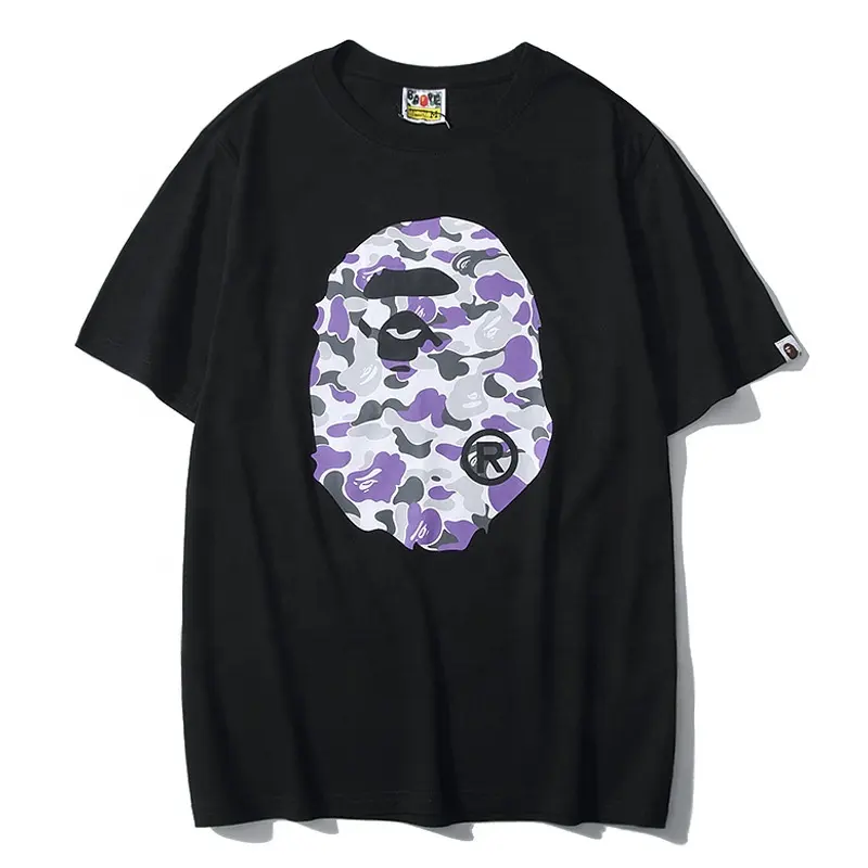 Camiseta informal con estampado púrpura para hombre, camiseta juvenil de manga corta con cuello redondo de dibujos animados