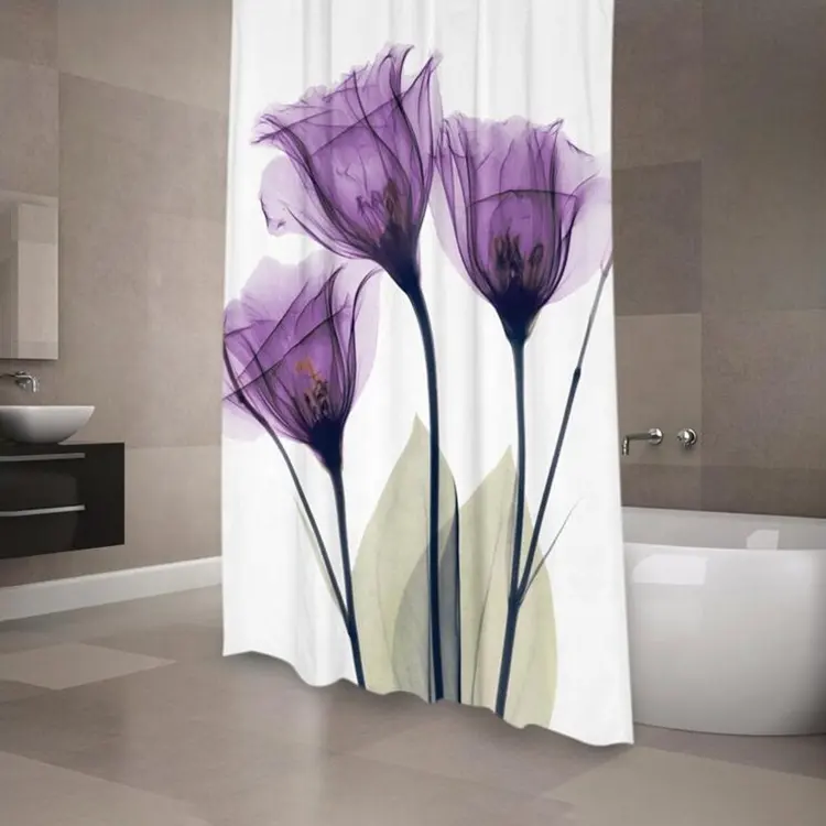 Cortina de ducha de poliéster con estampado 3D Lotus, cortina de partición de baño gruesa, impermeable, moho, con ganchos