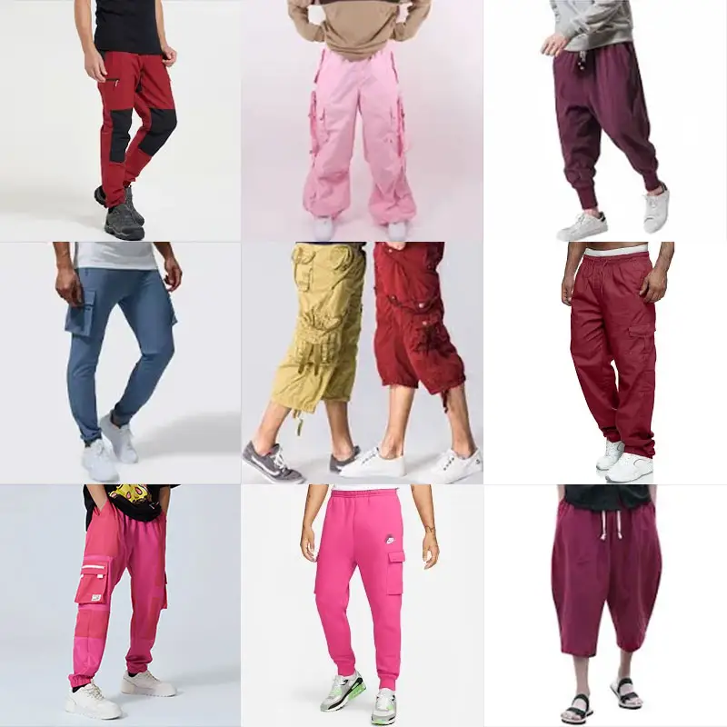 पुरुषों रंग ब्लॉक Appliques फ्लैप जेब उपयोगिता कार्गो पैंट गुलाबी पैराशूट पैंट आकार एक्स्ट्रा लार्ज