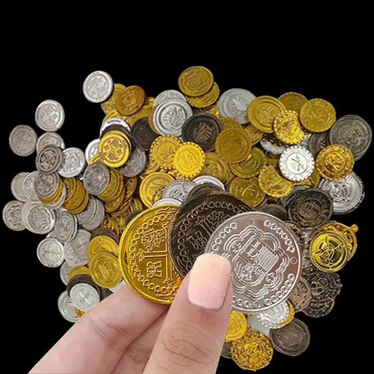 100 peças/saco 3cm barato venda quente barato, pirata, brinquedo, conjunto de plástico, moedas de ouro, adereço, dinheiro, tesouro, moedas, operado, jogo