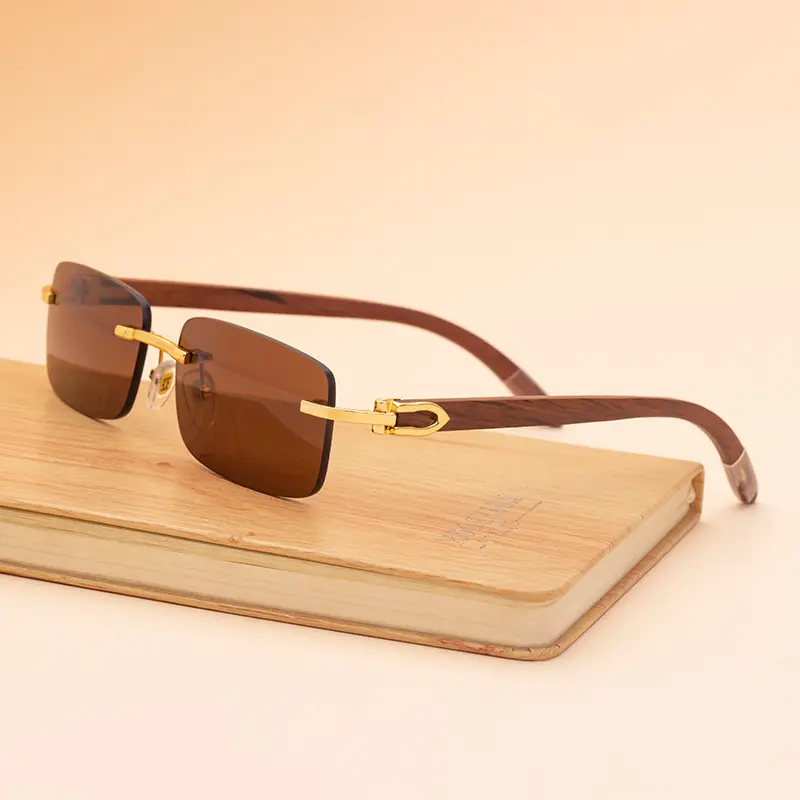 Lunettes de soleil en bois sans cadre pour hommes, rectangulaires, luxueux, de marque, plage