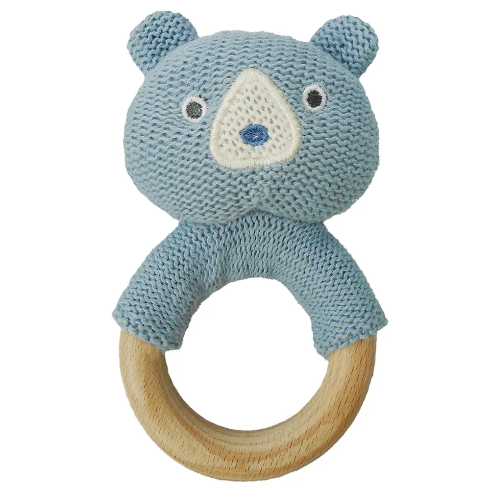 Mini urso de bebê orgânico, mini máquina de malha macia, brinquedos de pelúcia, urso de bebê com chocalho de madeira, brinquedo