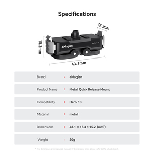 AMGISNメタルクイックリリースマウントGoProHero 13ブラッククイックリリースマウントベース2プロング & 1/4 "スレッドインターフェイス - Product Image 6