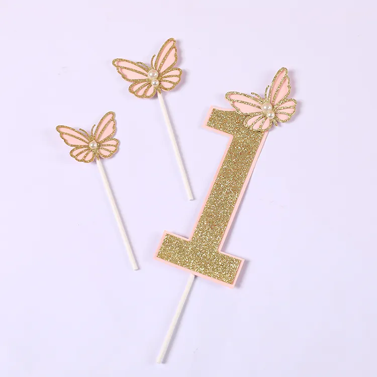 3pcs One Year Old Baby Girl Birthday Glitter Butterfly First Birthday Paper Cupcake Topper Number 1 Glitter Cake Toppers