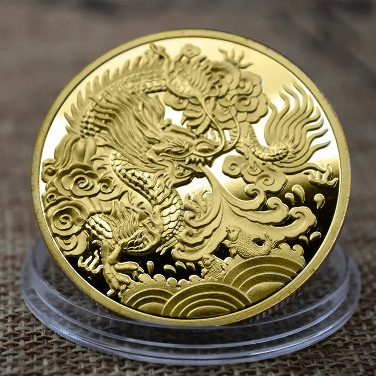 Wenzhou Custom Metal China Zodiac Rare Dragon Silver 24K Moneda chapada en oro