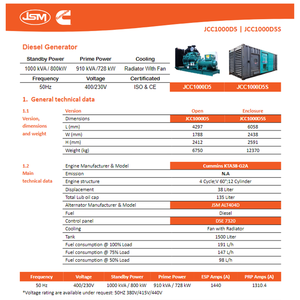 Jcc1000d5s bycummins 800 kW 1000 KVA Máy phát điện bao vây 3 giai đoạn 400V Powered by DIESEL động cơ KTA38-G2A cho bệnh viện & nhà máy - Product Image 6