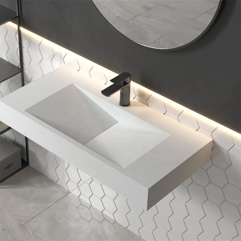 Moderno lavello in pietra colata in acrilico doppio lavello per alberghi a superficie solida attacco lavabo installazione bagni popolari lavandini