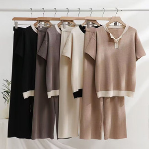 Ekip boyun kısa kollu gevşek kazak renk engelleme örgü Women kadınlar için iki parçalı eşleştirme kıyafetler - Product Image 2
