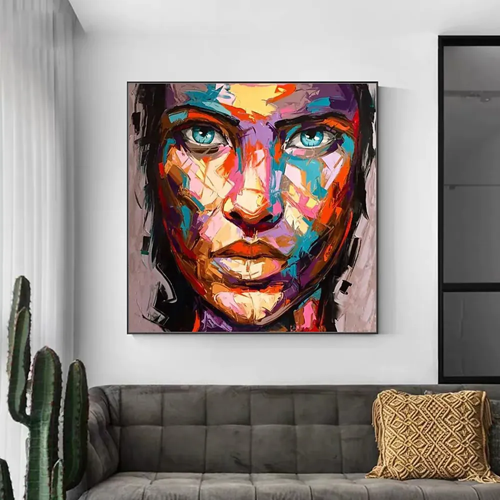 Arte de pared de cara hecho a mano para decoración del hogar, imagen abstracta moderna, retrato personalizado, lienzo, pintura al óleo hecha a mano, 100%