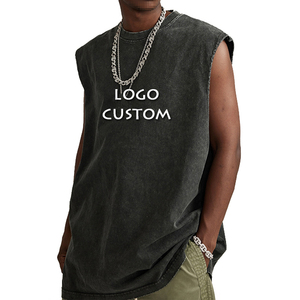 Custom Vintage Washed Cotton Men's <strong>Tank</strong> Tops Factory Side Slit Sleeveless Sport Vest with Patchwork <strong>Pattern</strong> Street Casual Style - Product Image 2