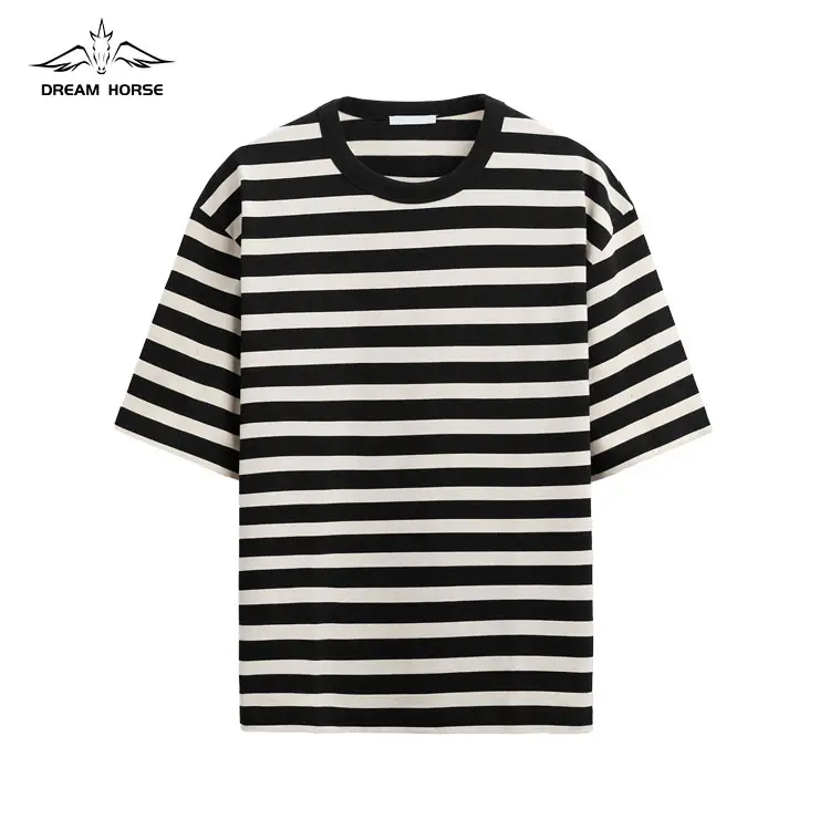 Camiseta para homens com logotipo personalizado, camiseta oem e odm de manga curta, gola redonda, branco e preto, algodão listrado 300 g/m2