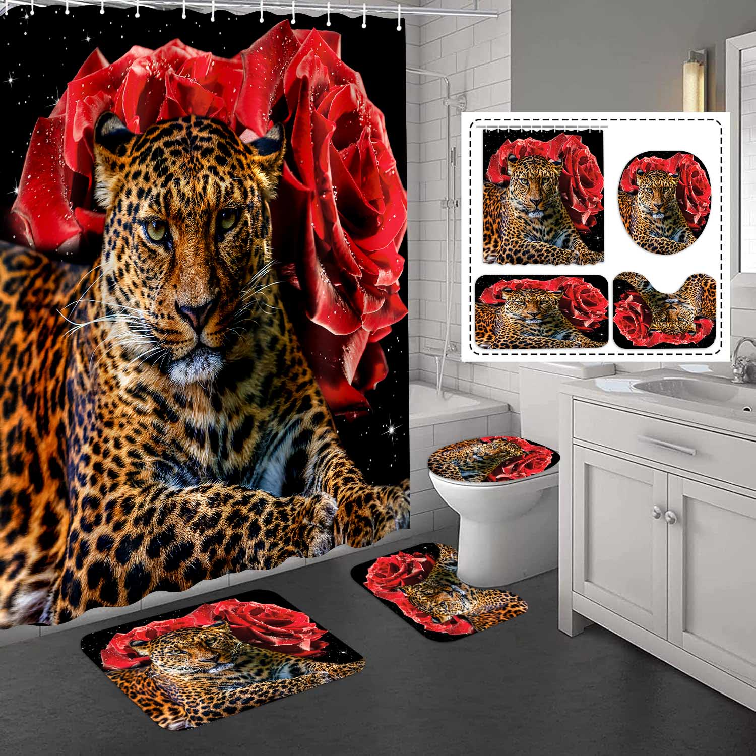 Lion (29) Léopard rouge ardent avec des roses dramatiques