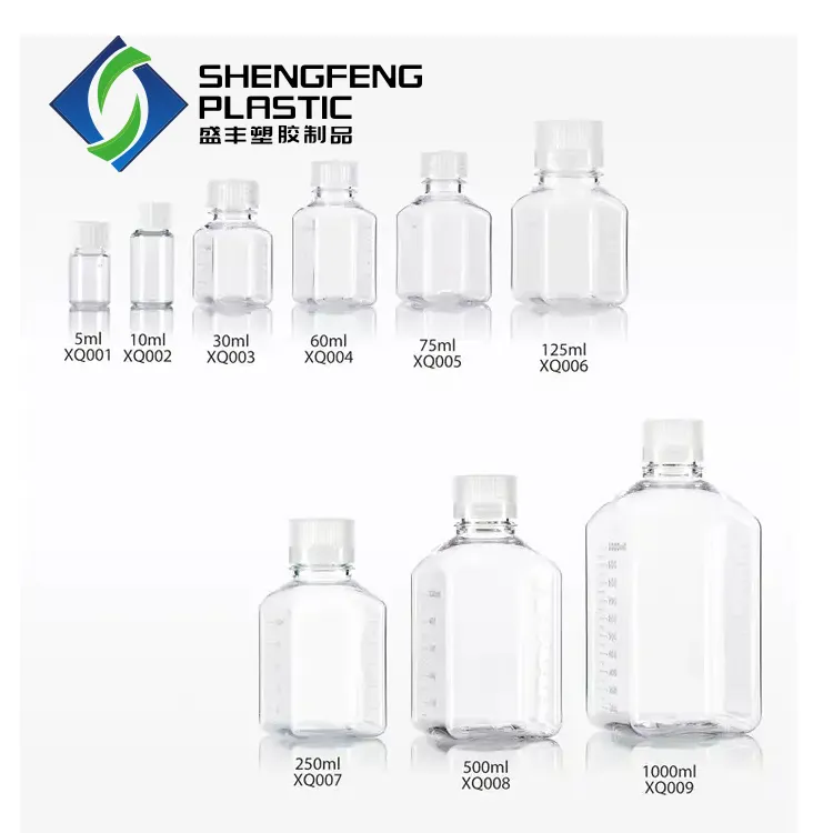 Botellas de muestra de plástico estériles cuadradas transparentes 5-1000ml PET PETG botella de reactivo de medios de cultivo de células sanguíneas